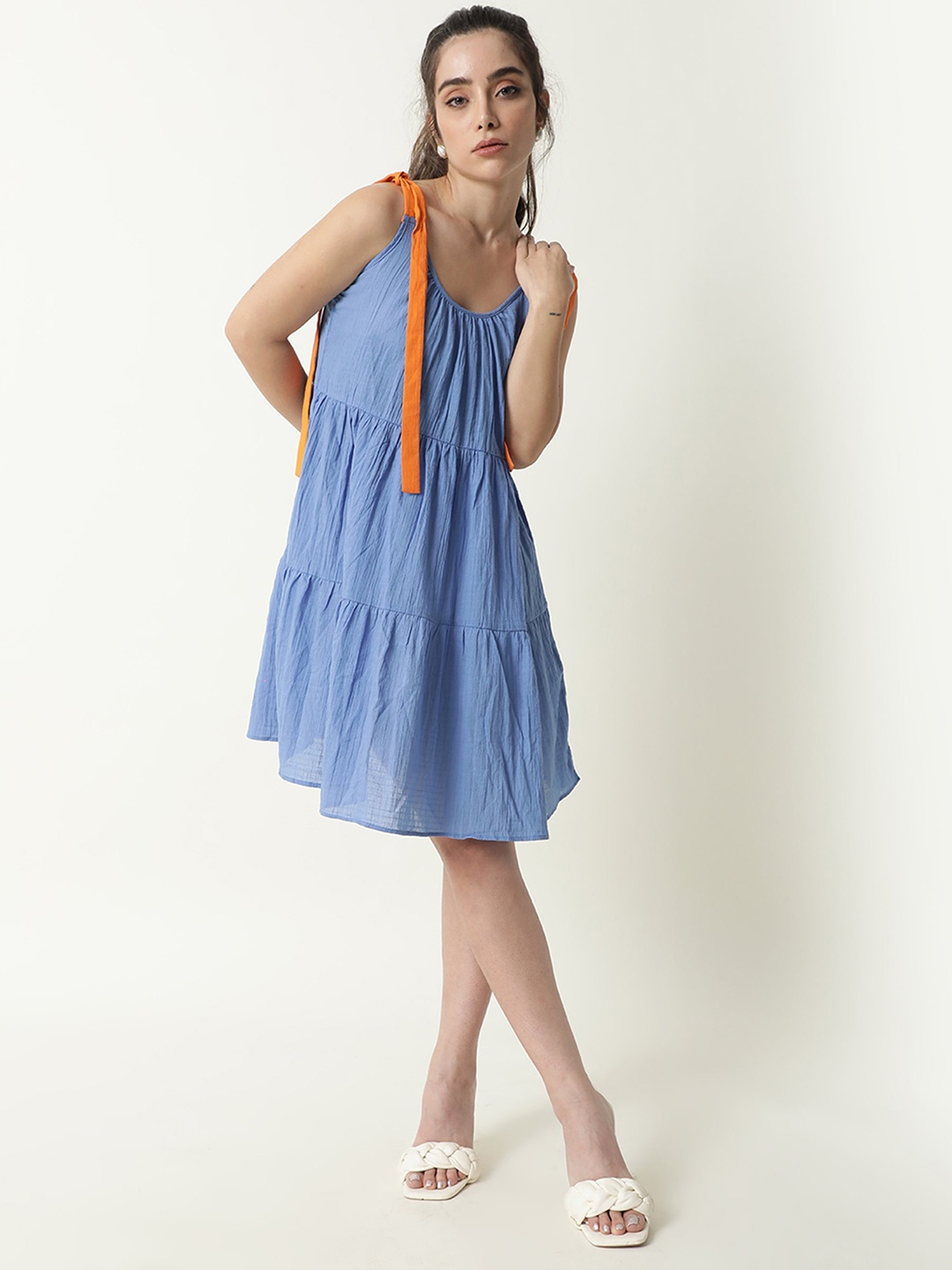 

RAREISM Women Blue Solid Cotton A-Line Dress