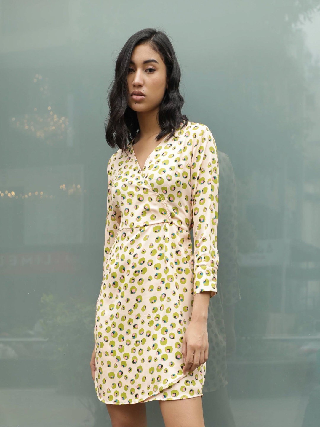 

RAREISM Peach-Coloured & Green Abstract Printed Wrap Dress