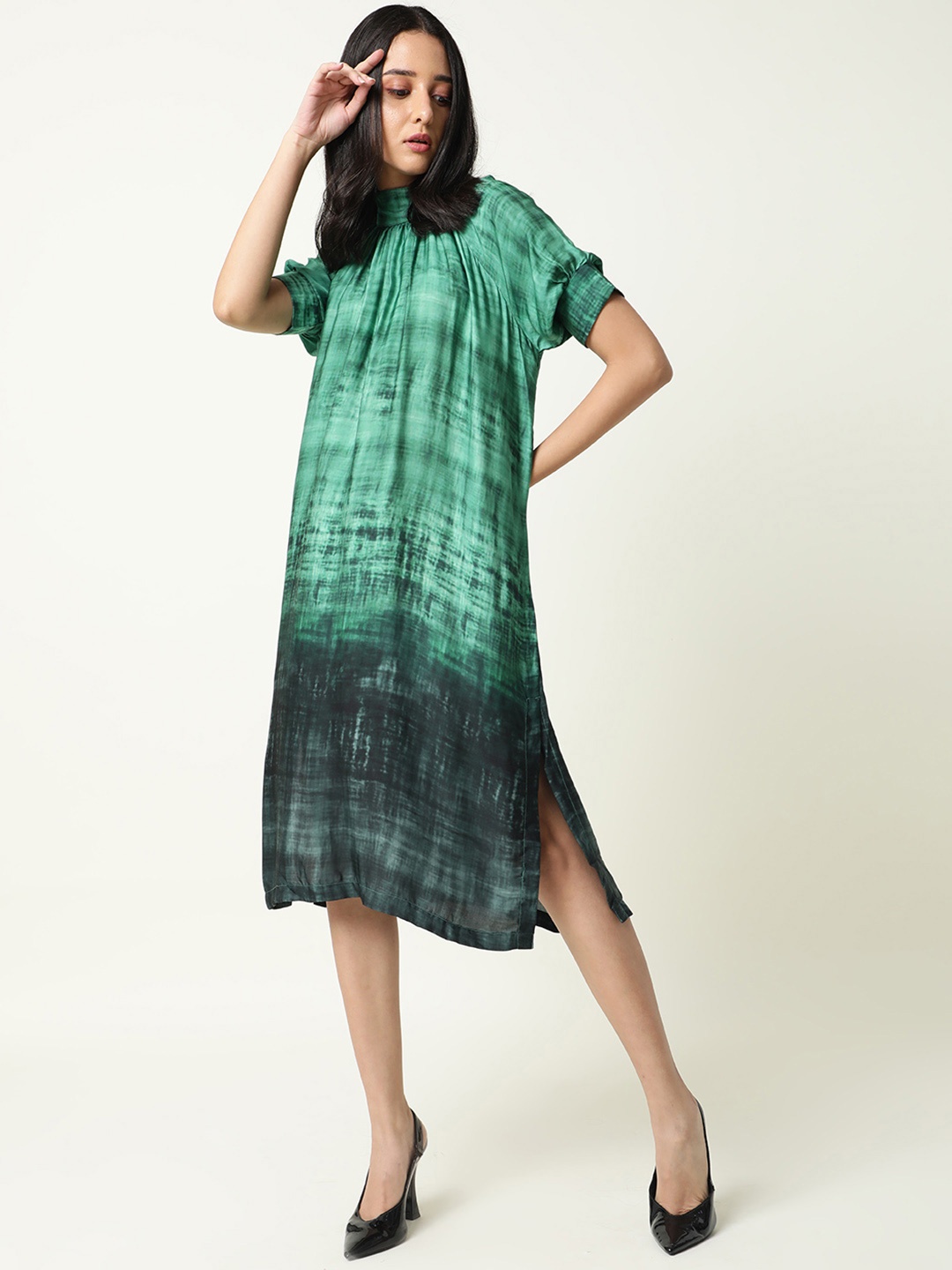 

RAREISM Green Tie and Dye Dyed Satin A-Line Dress