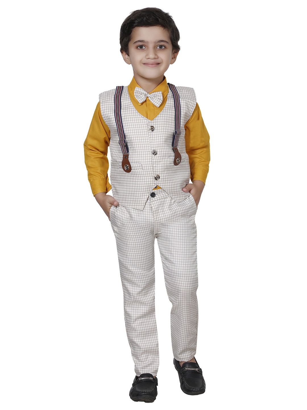 

Fourfolds Boys Mustard Yellow & Beige Regular Fit Checked 3-Piece Suit