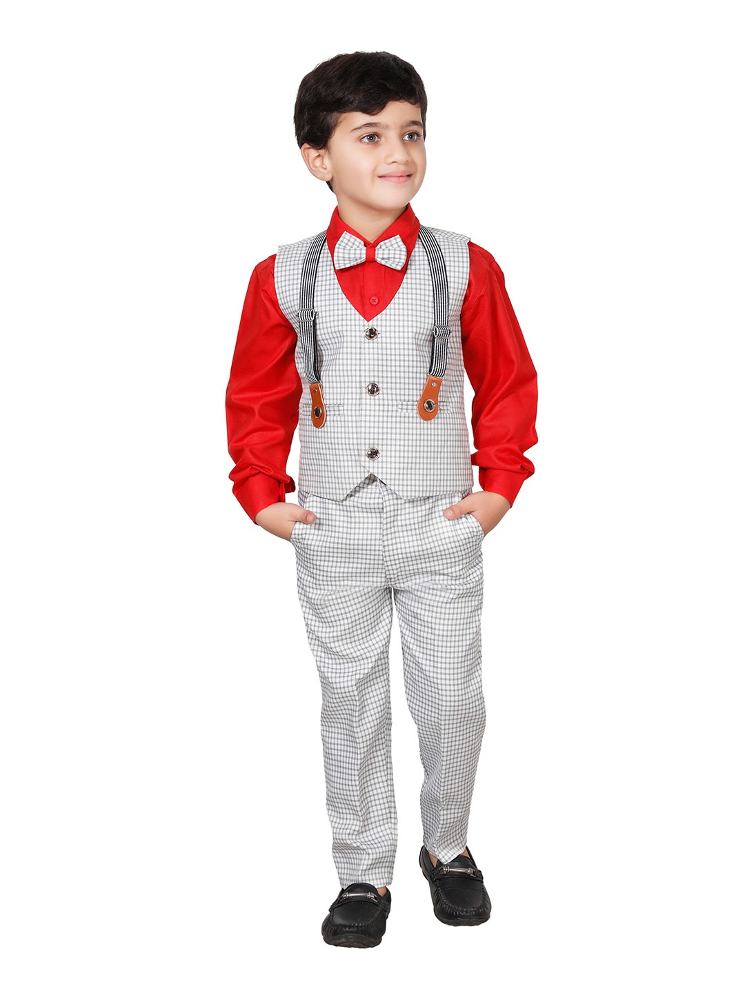 

FOURFOLDS Boys Red & White Checked Shirt Trouser with Waistcoat