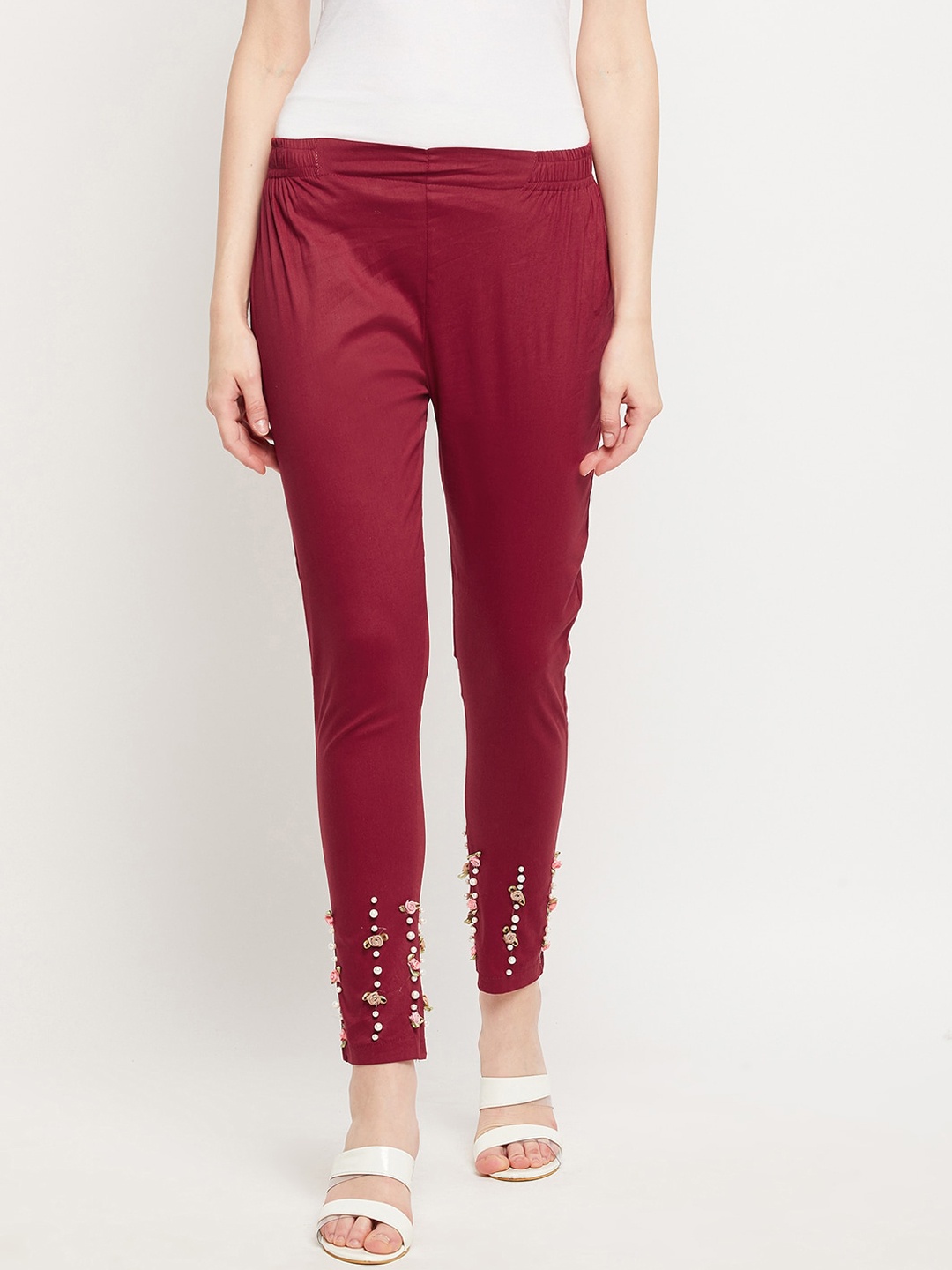 Clora Creation Women Maroon Floral Embellished Smart Slim Fit Easy Wash Trousers