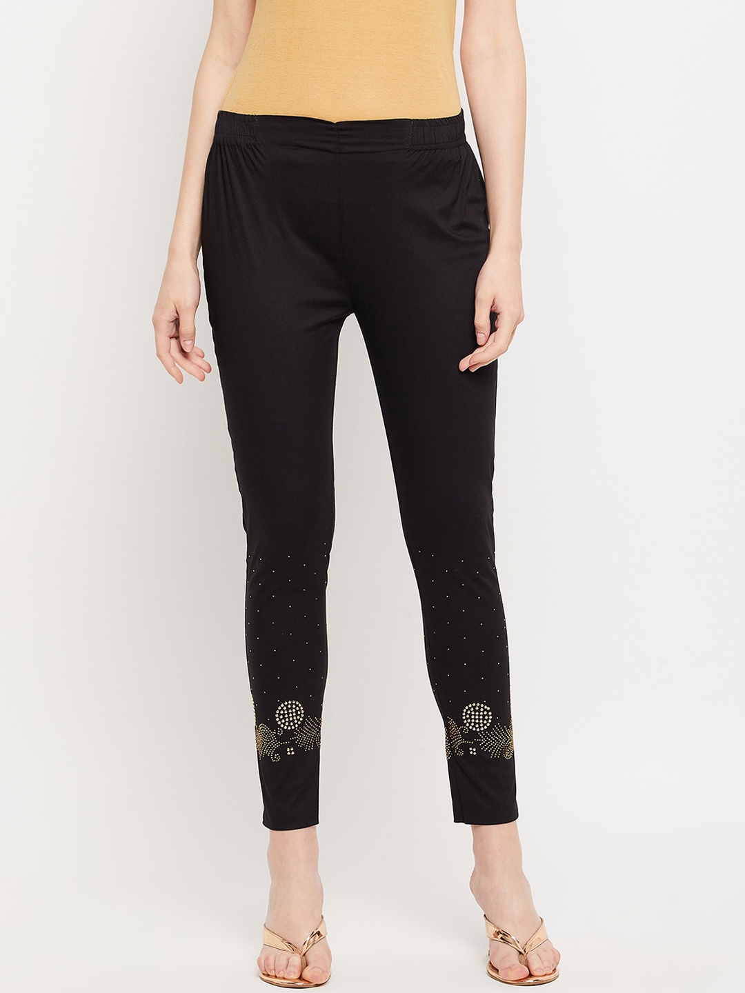

Clora Creation Women Black Embellished Straight Fit Smart Easy Wash Cigarette Trousers