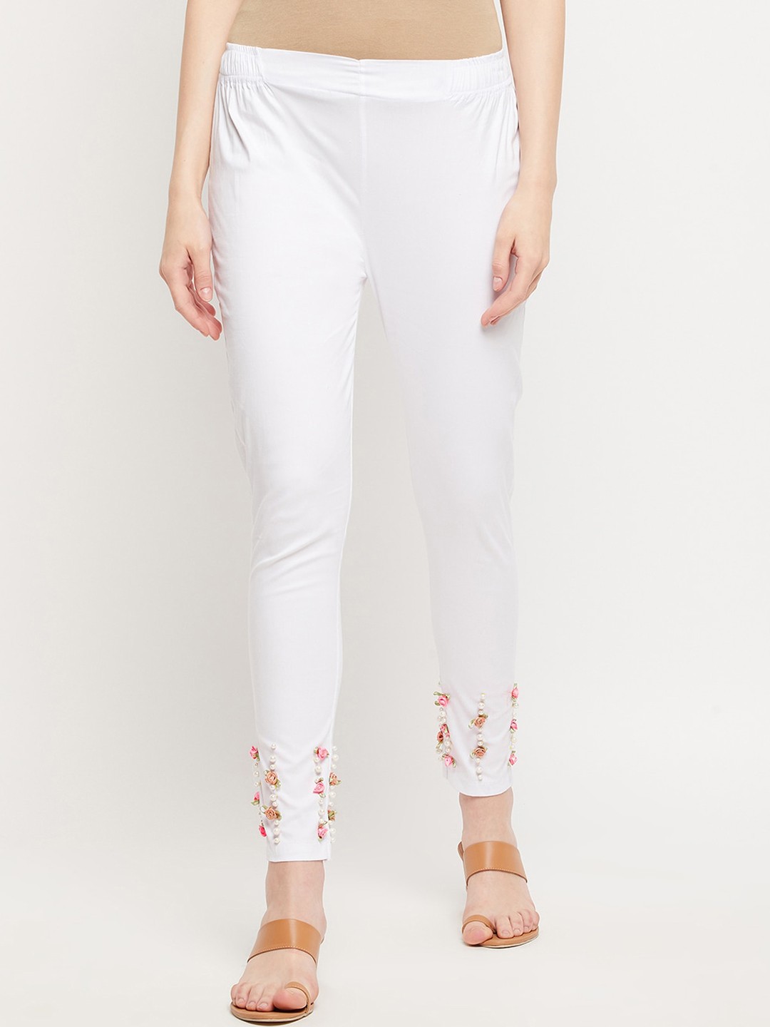 

Clora Creation Women White Embellished Straight Fit Treggings