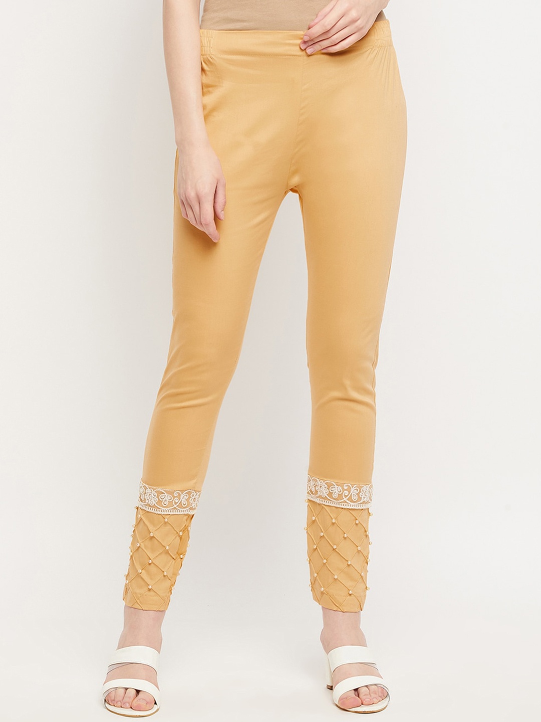 

Clora Creation Women Beige Embellished Smart Easy Wash Cotton Trousers