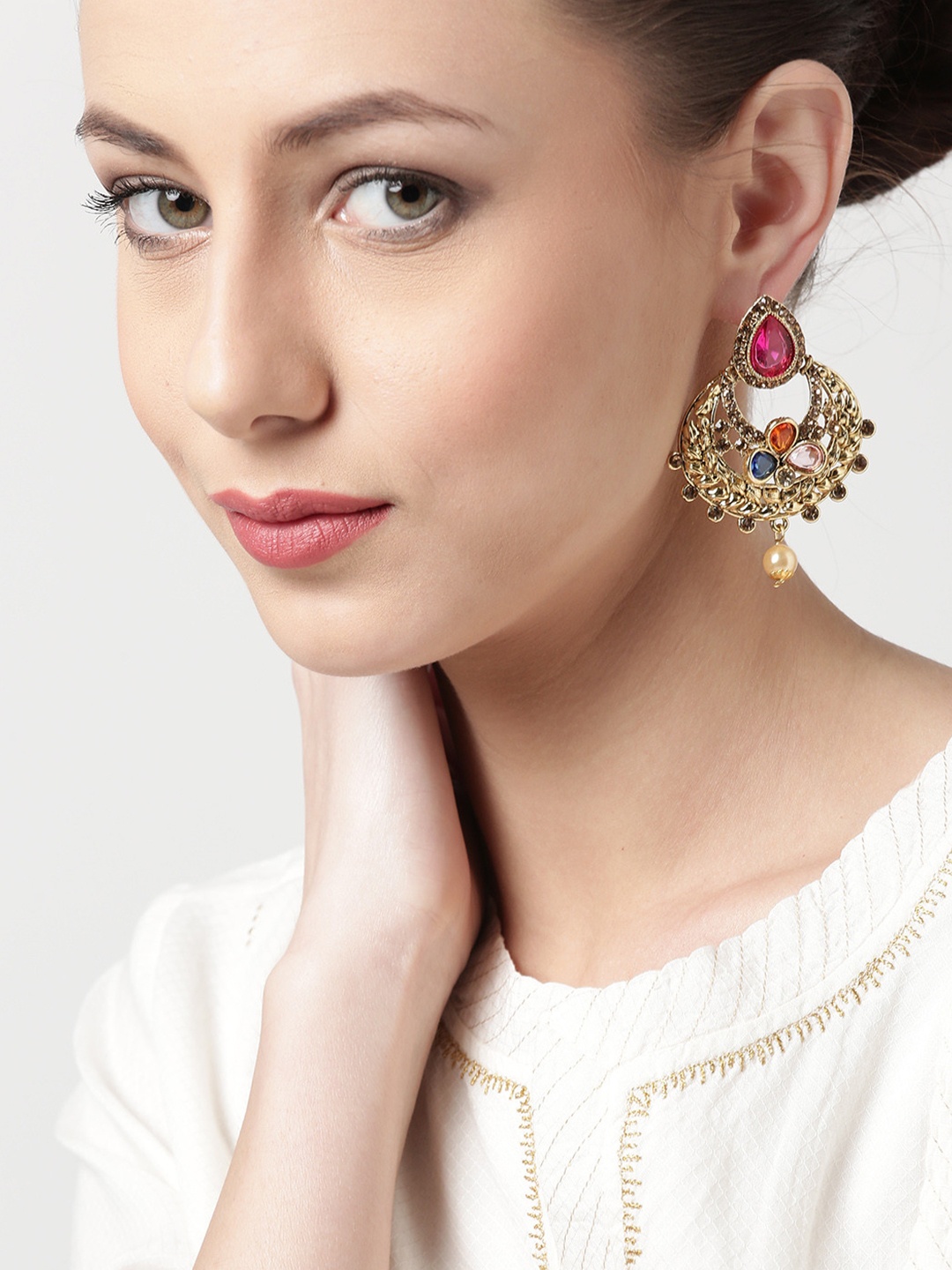 

PANASH Pink Gold-Plated Stone-Studded Antique Chandbalis
