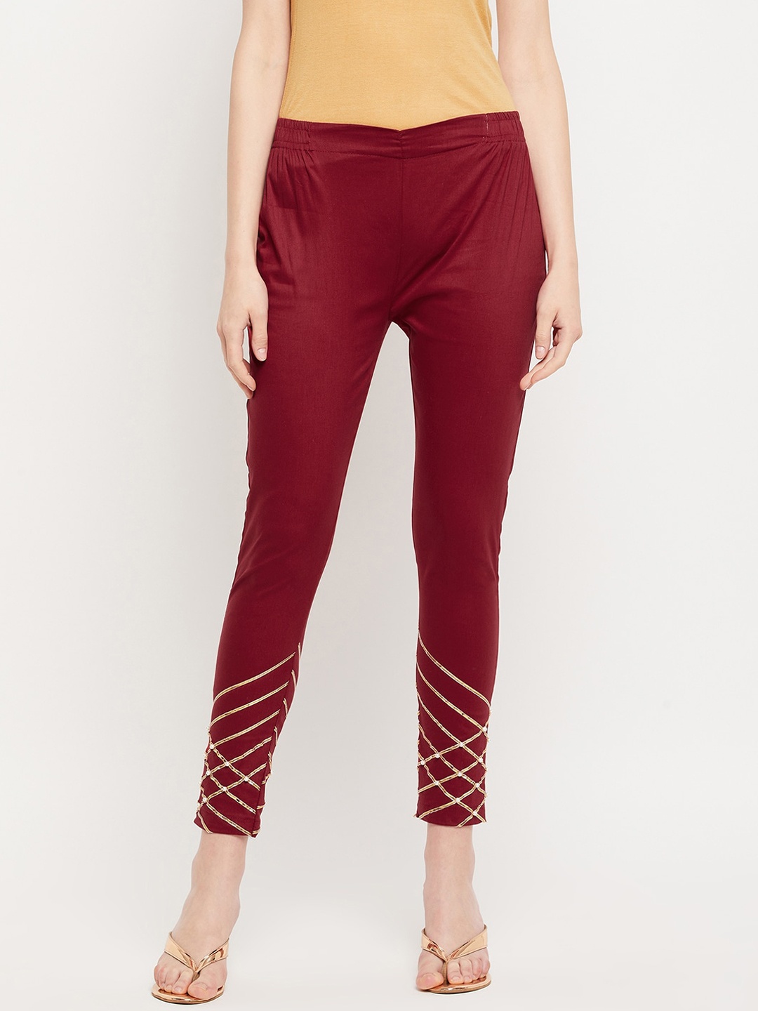 

Clora Creation Women Maroon Straight Fit Smart Cropped Cotton Cigarette Trousers