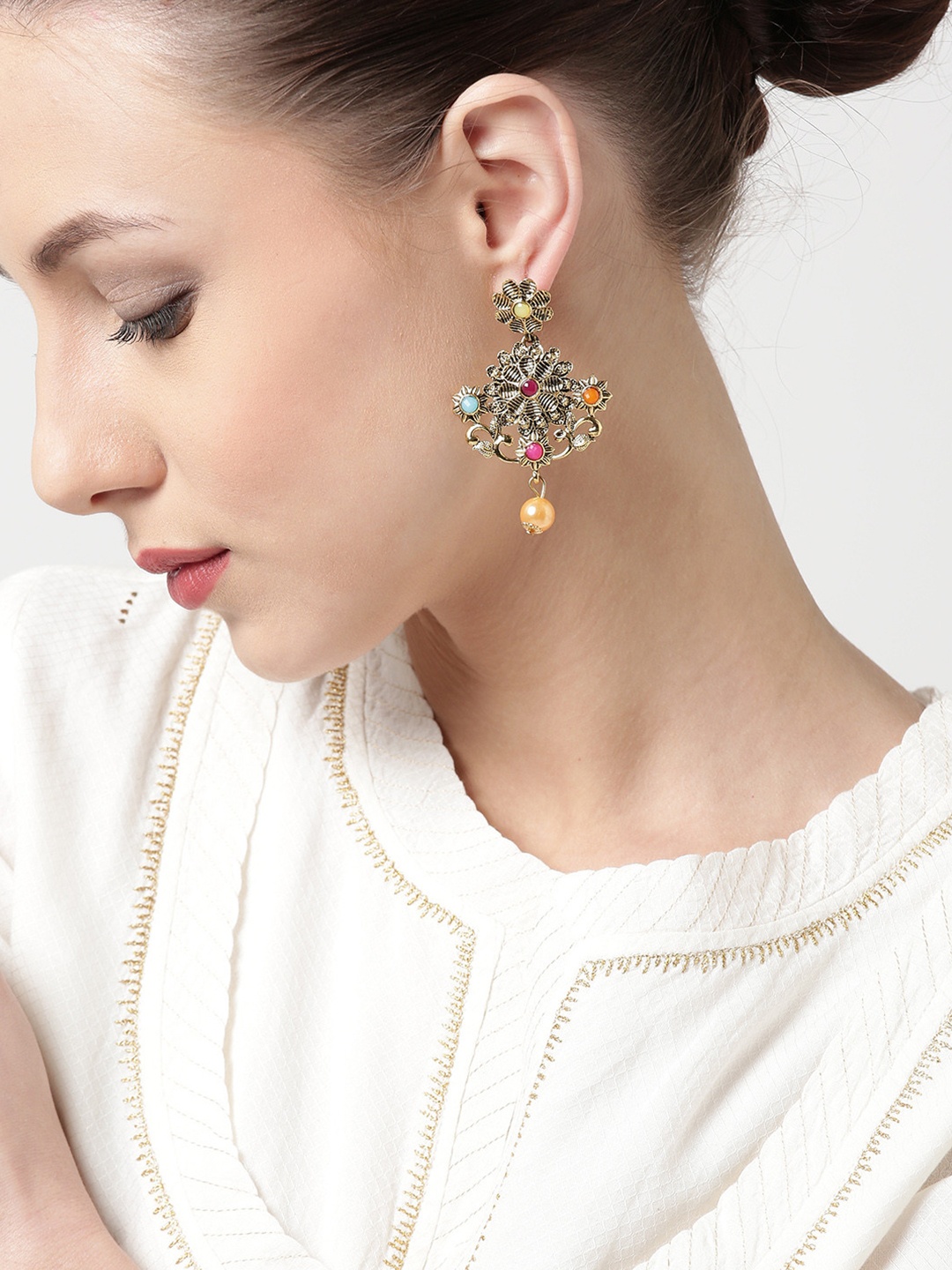 

PANASH Antique Gold-Plated Stone-Studded Handcrafted Drop Earrings
