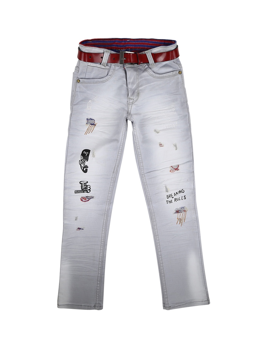 

V-Mart Boys Turquoise Blue Mildly Distressed Heavy Fade Twill Cotton Stretchable Jeans, Grey