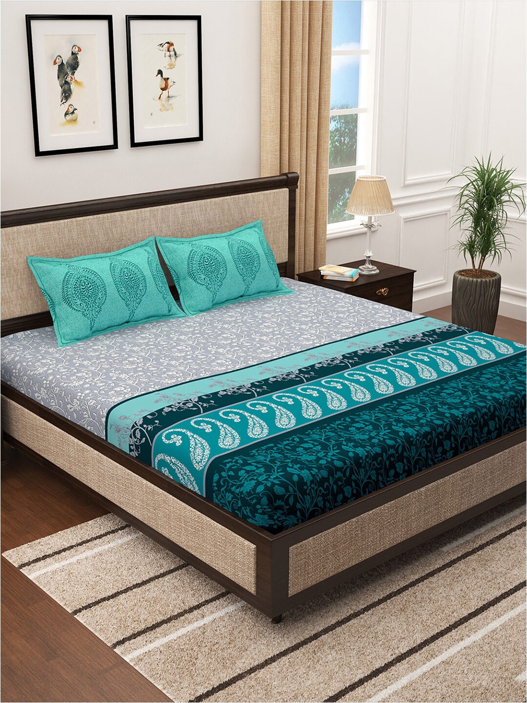 

Story@home Turquoise Blue & White Floral 300 TC King Bedsheet with 2 Pillow Covers
