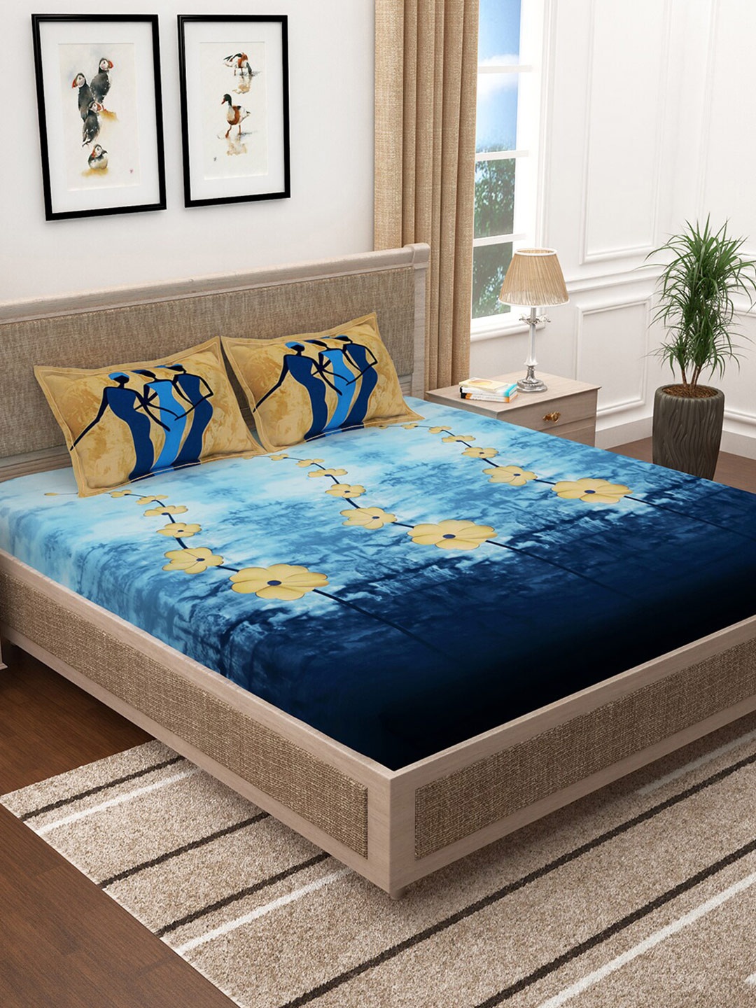 

Story@home Blue & Beige Floral 300 TC Cotton King Bedsheet with 2 Pillow Covers