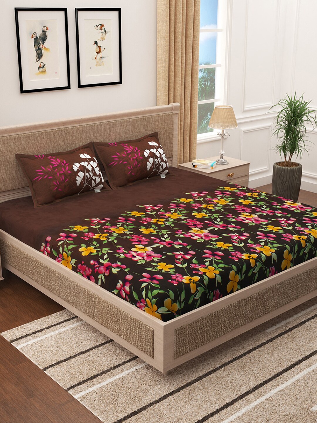 

Story@home Brown & Pink Floral 300 TC Cotton King Bedsheet with 2 Pillow Covers