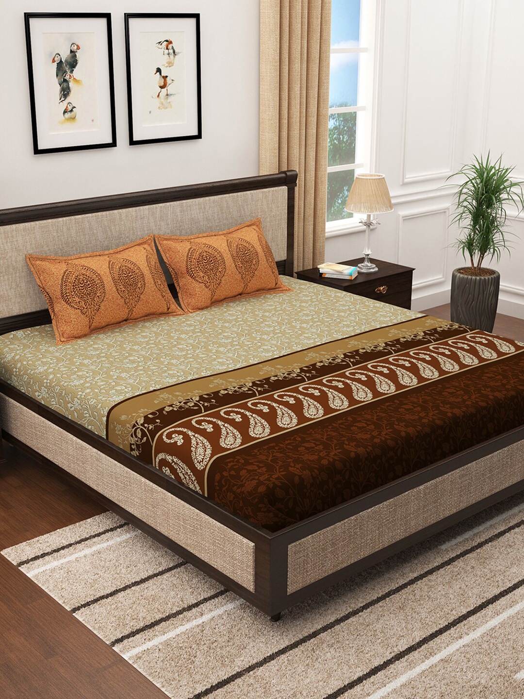 

Story@home Brown & Cream-Coloured Floral 300 TC King Bedsheet with 2 Pillow Covers