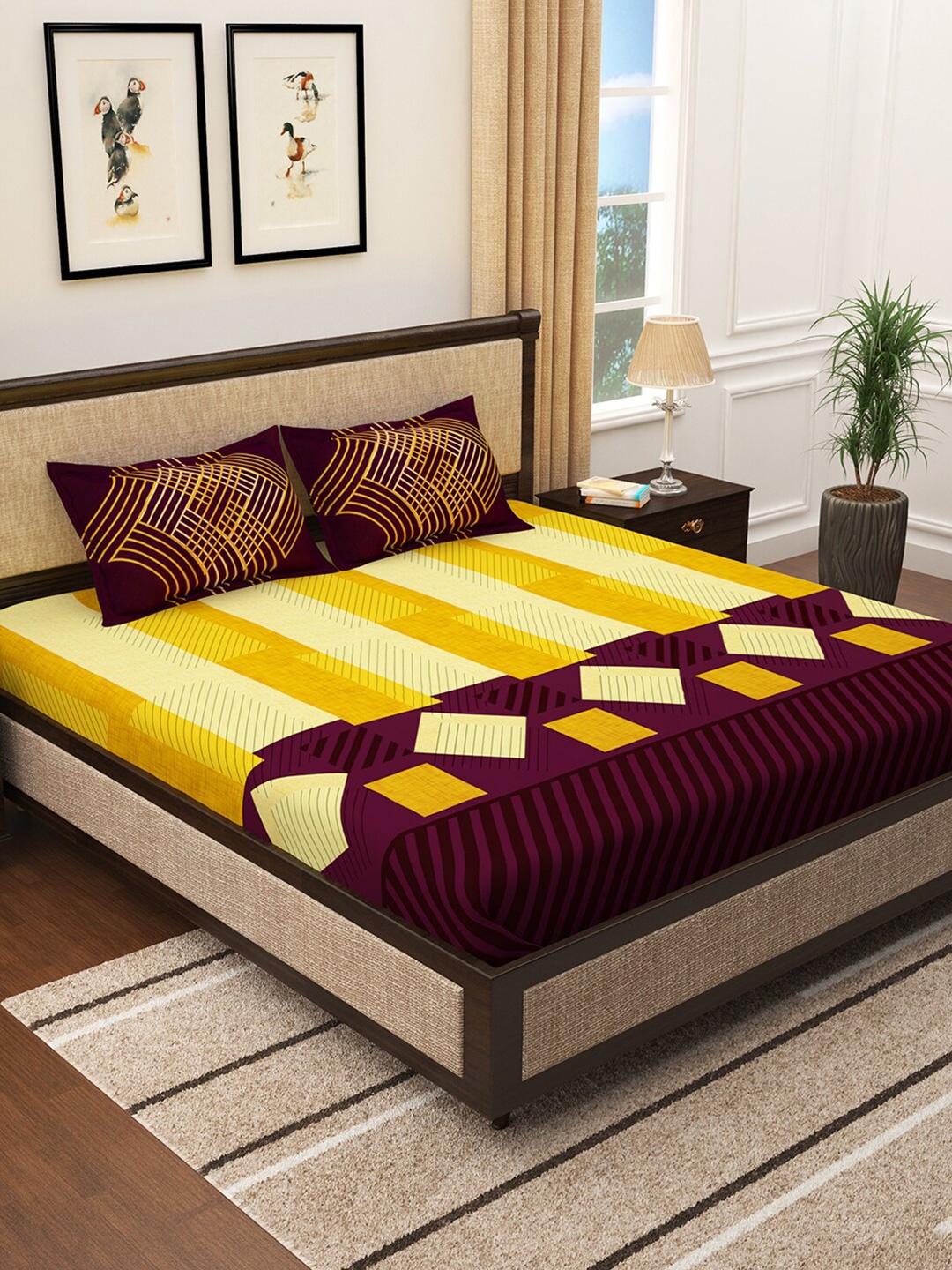 

Story@home Yellow & Purple Geometric 300 TC King Bedsheet with 2 Pillow Covers