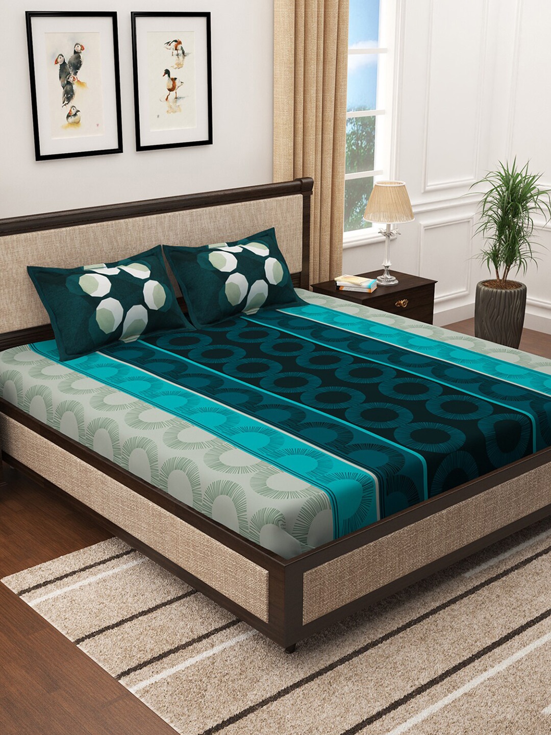 

Story@home Turquoise Blue & Grey 300 TC King Bedsheet with 2 Pillow Covers