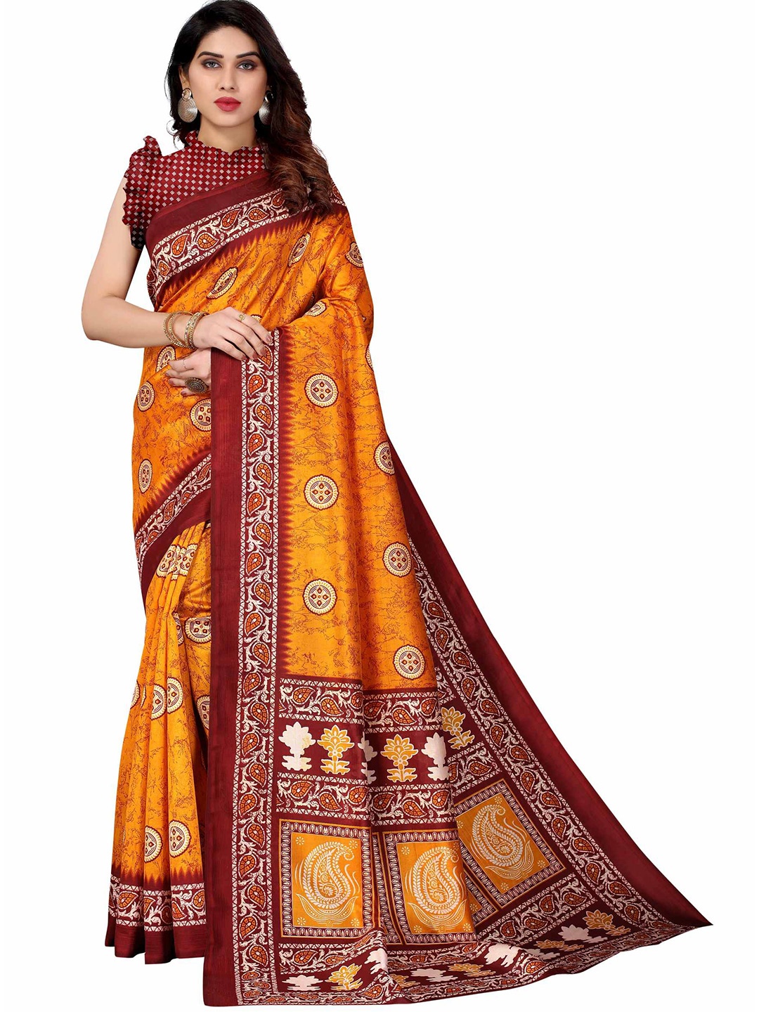 

AADVIKA Orange & Maroon Art Silk Mysore Silk Saree