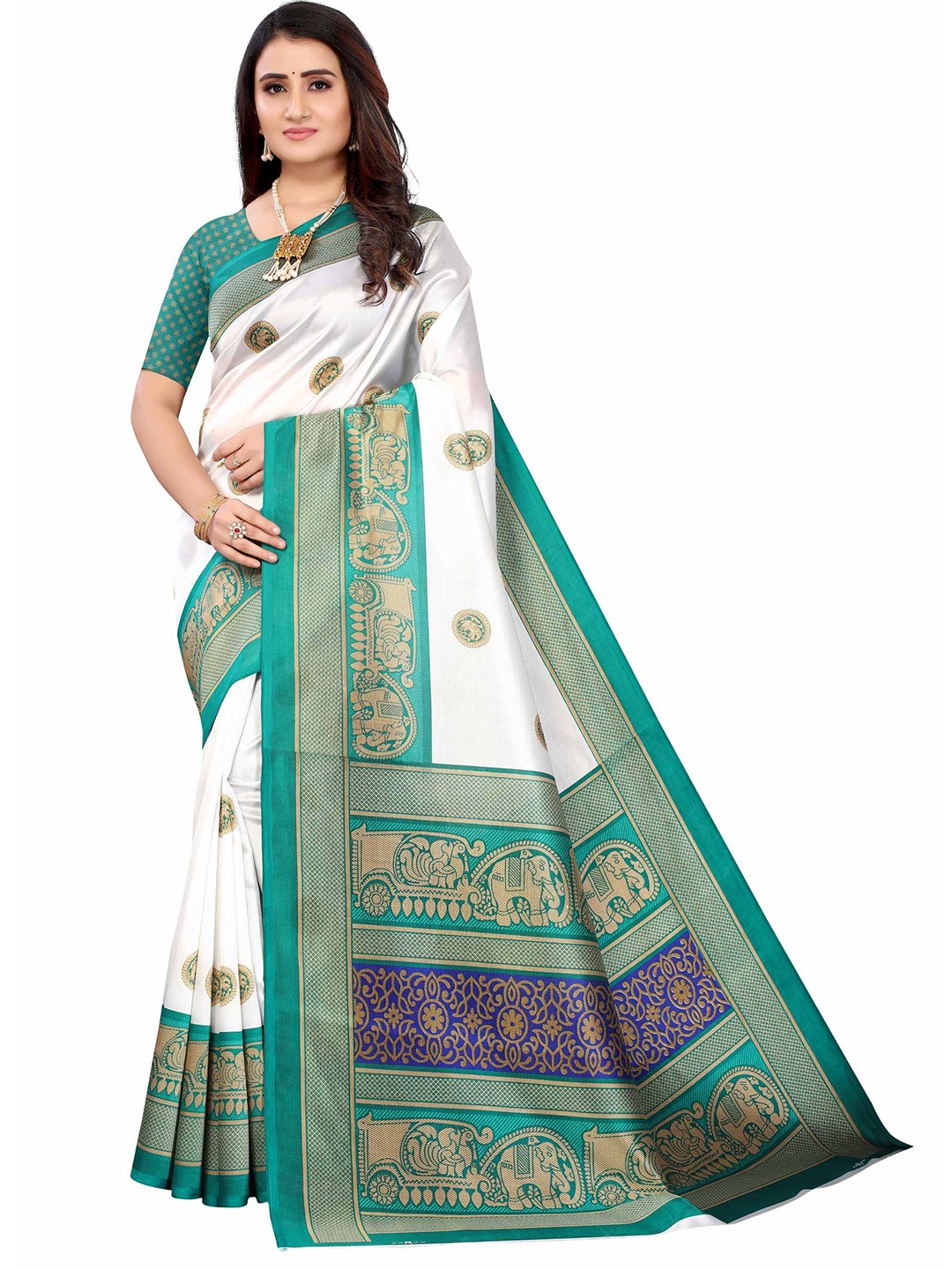 

AADVIKA Green & White Ethnic Motifs Mysore Silk Saree