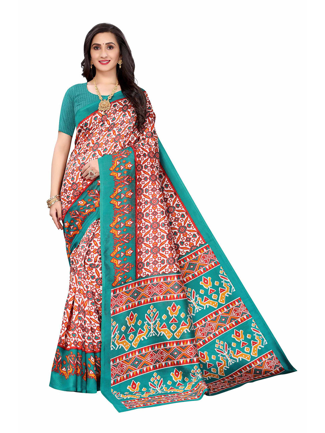 

AADVIKA Red & Blue Floral Art Silk Mysore Silk Saree