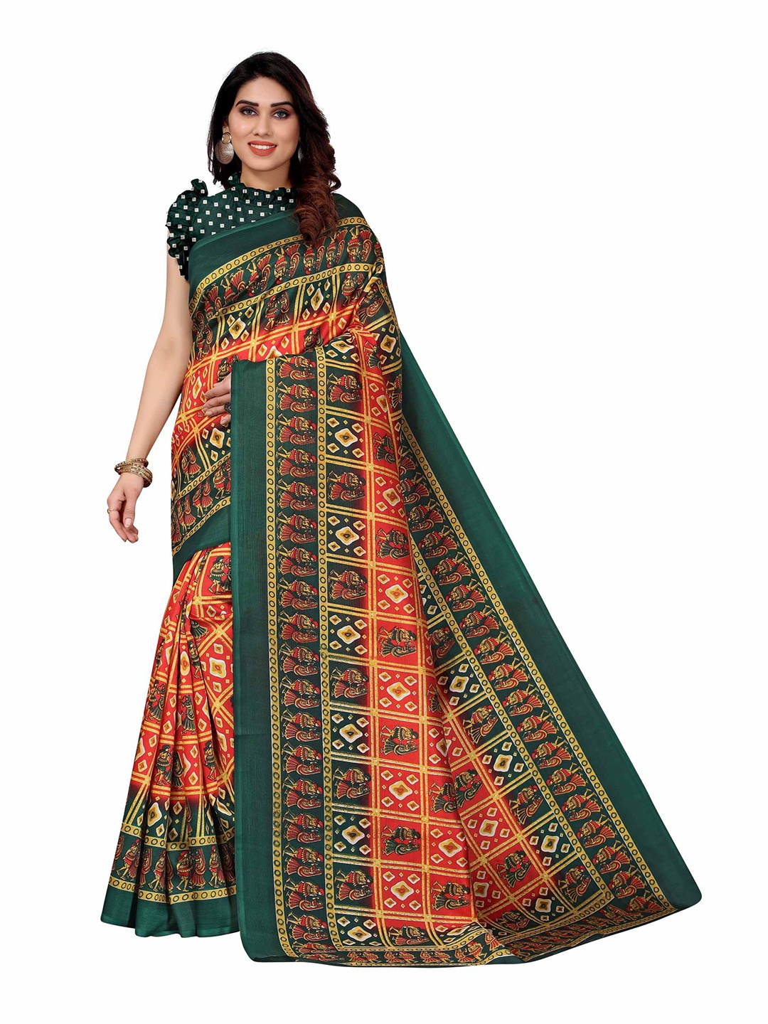 

AADVIKA Orange & Green Ethnic Motifs Art Silk Mysore Silk Saree