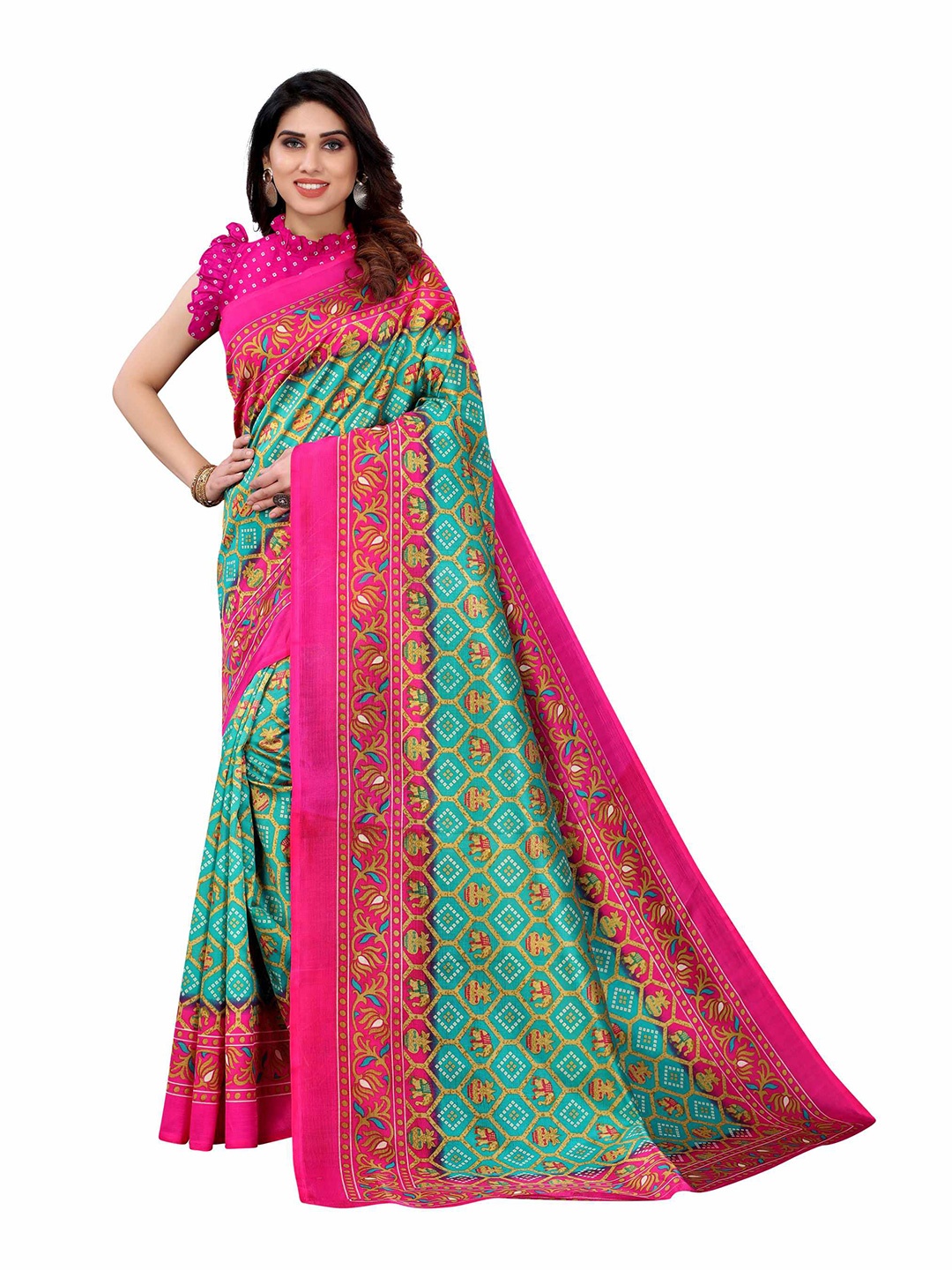 

AADVIKA Green & Pink Ethnic Motifs Art Silk Mysore Silk Saree