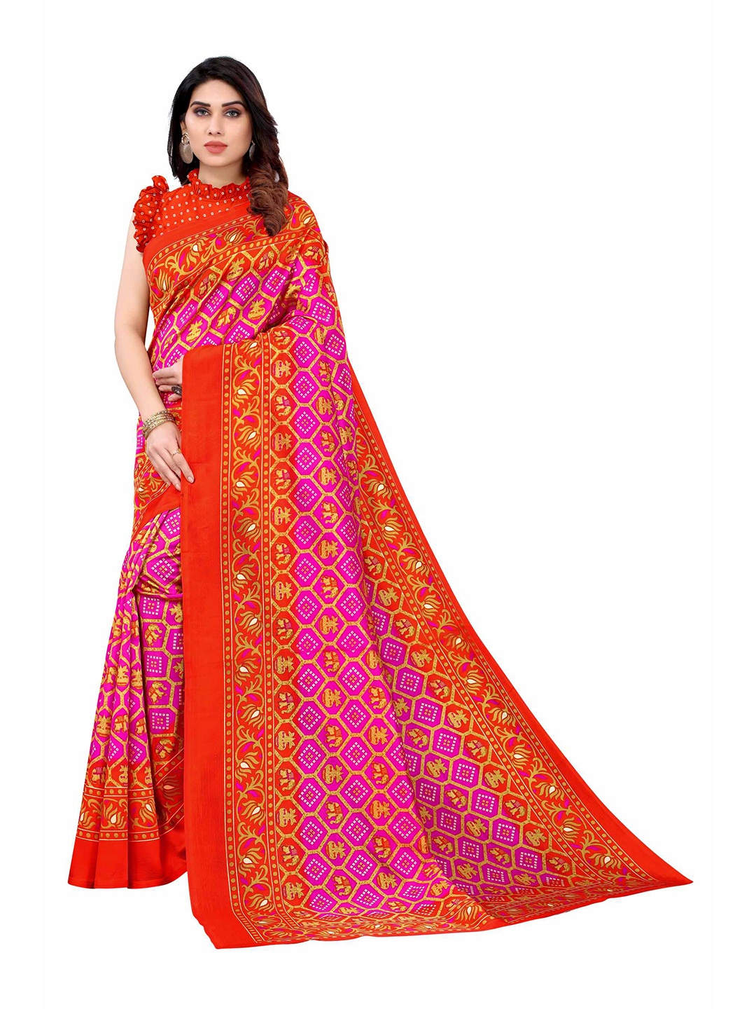 

AADVIKA Pink & Orange Ethnic Motifs Art Silk Mysore Silk Saree