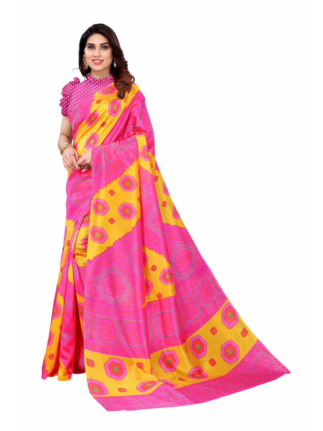 

AADVIKA Pink & Yellow Ethnic Motifs Art Silk Ready to Wear Mysore Silk Saree