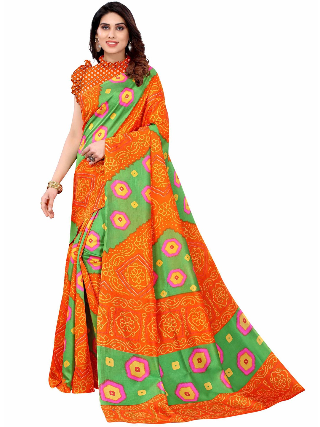 

AADVIKA Orange & Green Bandhani Art Silk Mysore Silk Saree