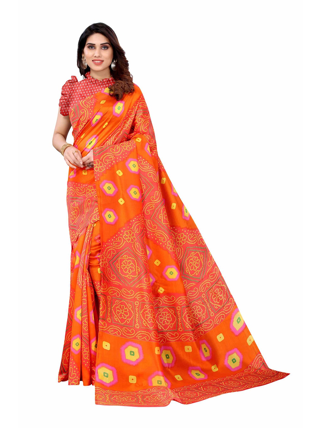 

AADVIKA Orange Bandhani Art Silk Ready to Wear Mysore Silk Saree