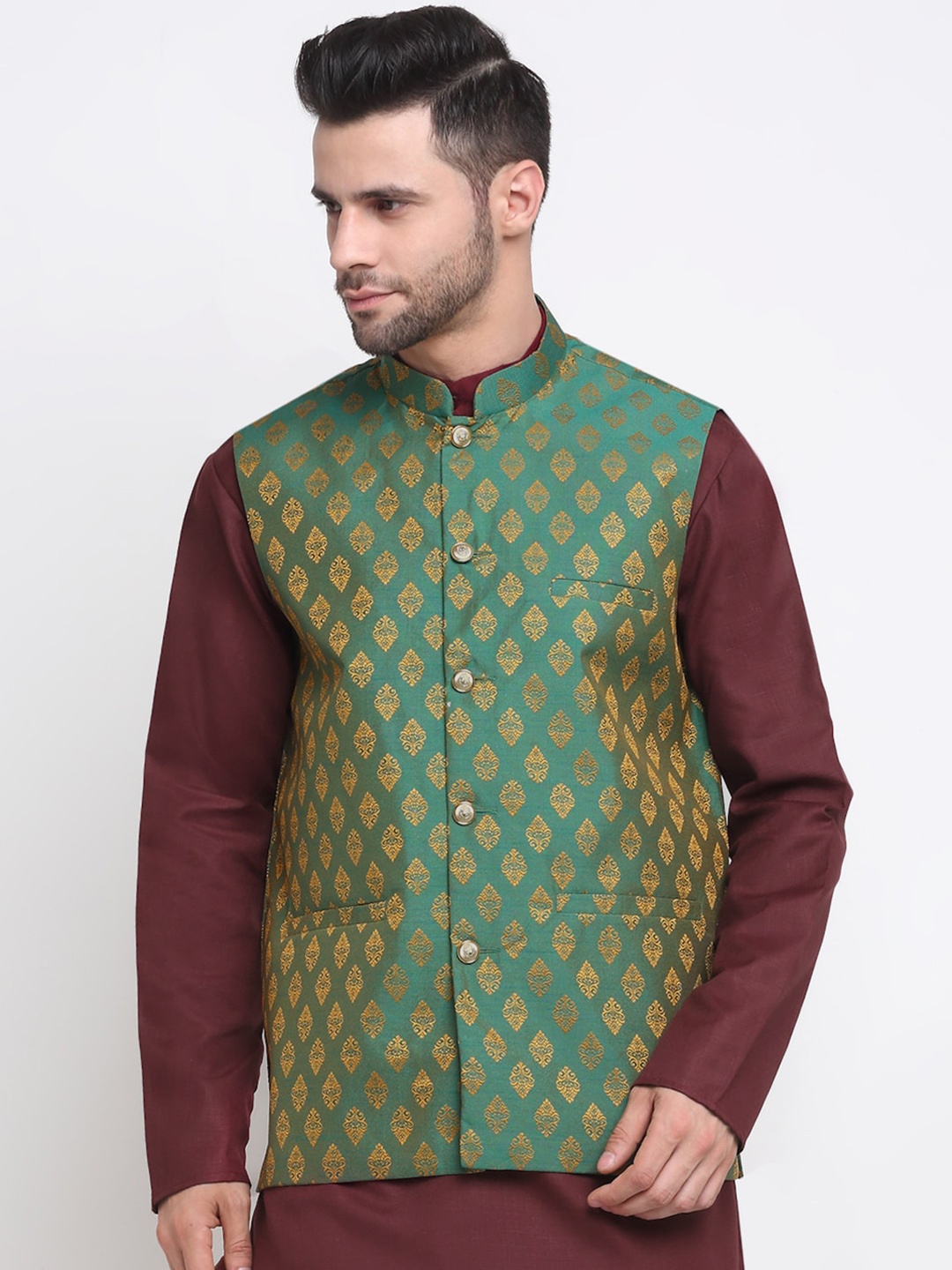 NEUDIS Men Green & Gold Jacquard Dupion Silk Nehru Jacket