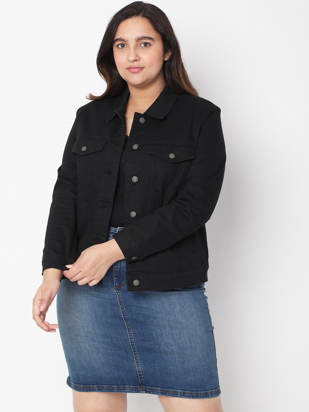 

VERO MODA CURVE Women Black Solid Cotton Denim Jacket