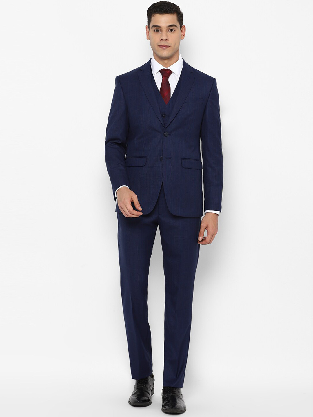 

Allen Solly Men Navy Blue Checked Slim-Fit Single-Breasted 3-Piece Formal Suit
