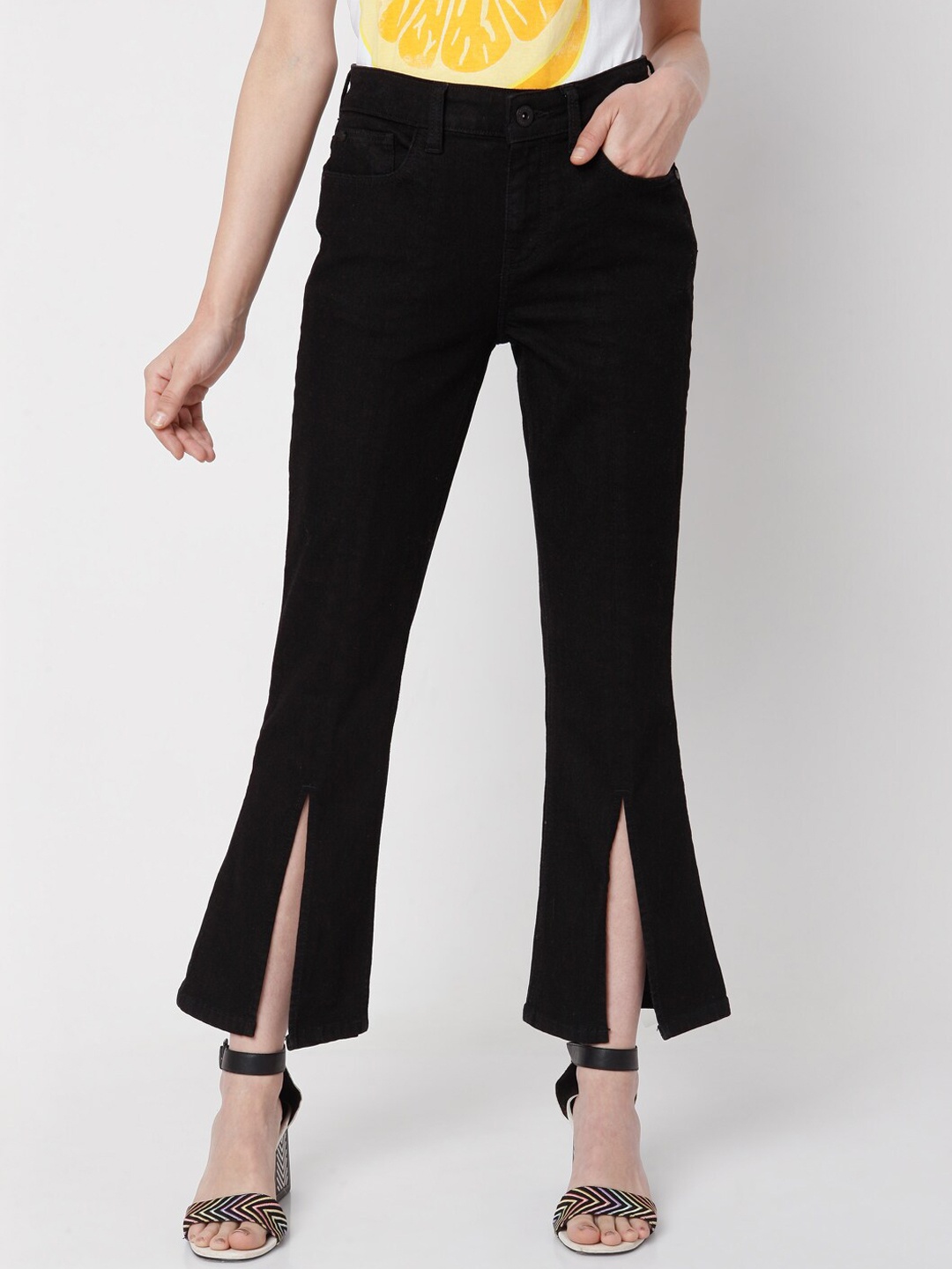 

Vero Moda Women Black Bootcut High-Rise Slits Jeans