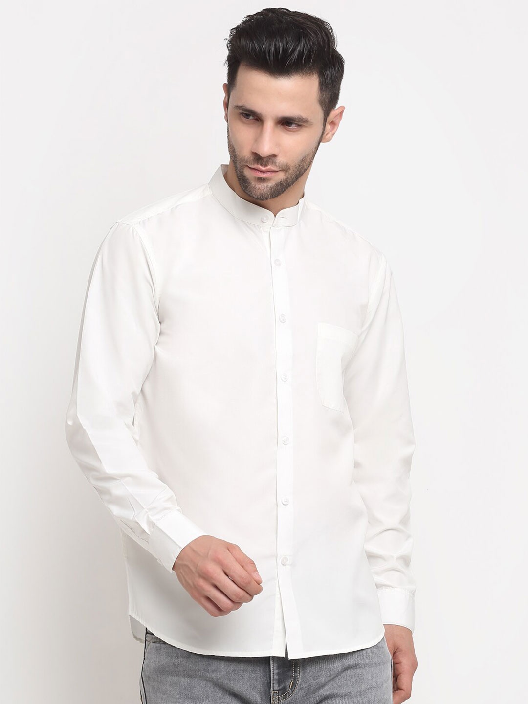 

NEUDIS Men White Band Collar Full Sleeves Formal Shirt