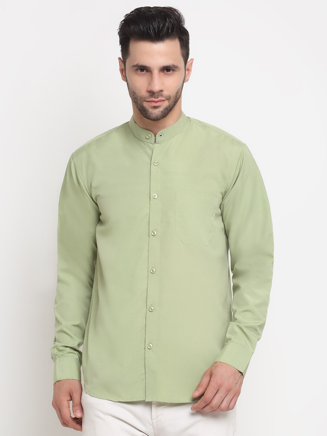 

NEUDIS Men Green Band Collar Full Sleeves Formal Shirt