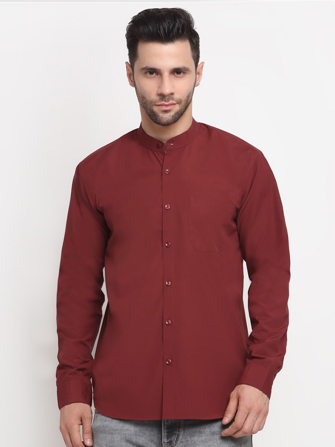 

NEUDIS Men Maroon Band Collar Full Sleeves Formal Shirt