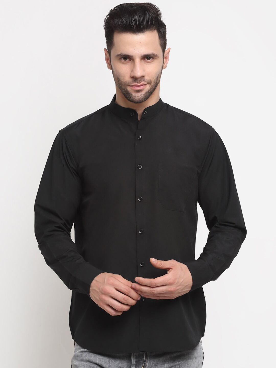 

NEUDIS Men Black Band Collar Full Sleeves Formal Shirt