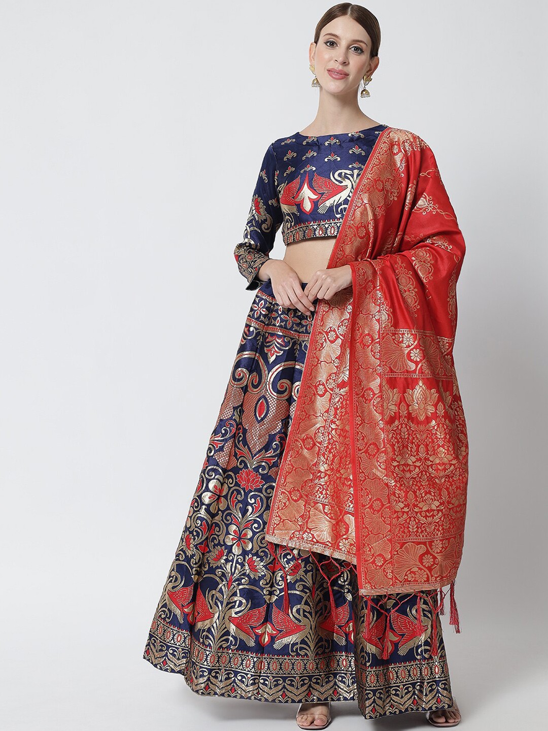 

DIVASTRI Red & Navy Blue Ready to Wear Lehenga & Unstitched Blouse With Dupatta