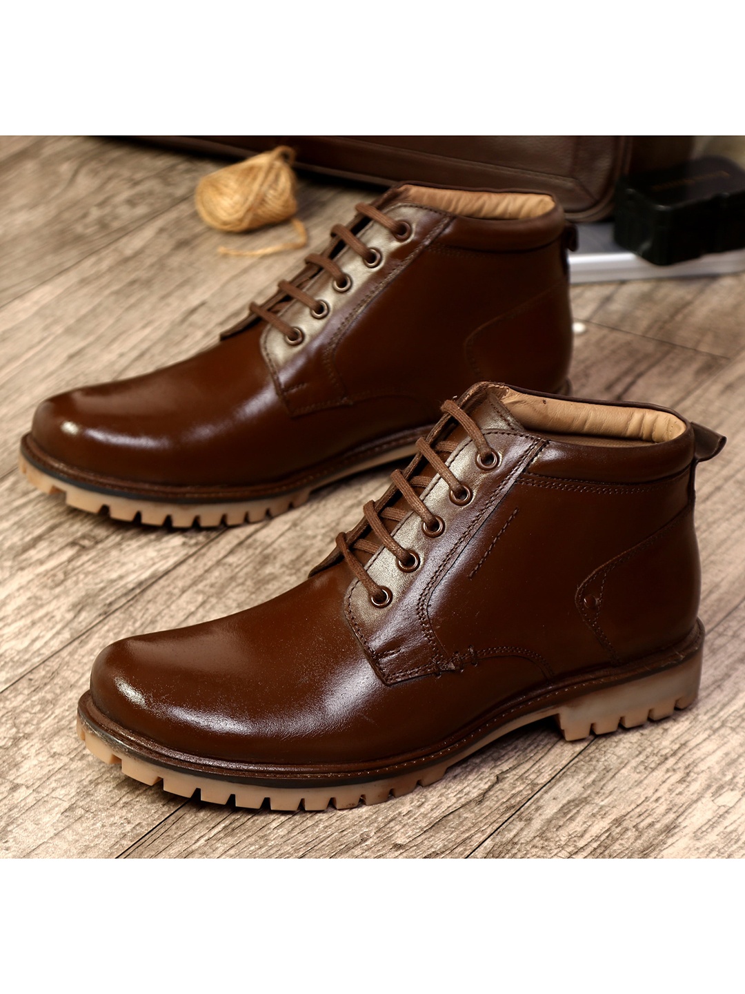 

LOUIS STITCH Men Brown Leather High-Top Bikers Boots