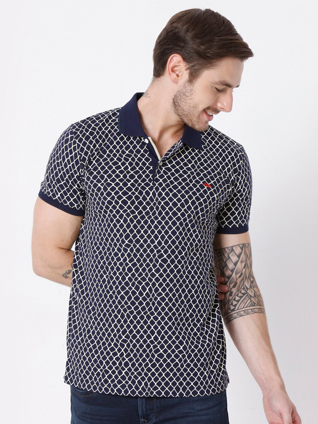 

Mufti Men Navy Blue Printed Polo Collar Slim Fit Cotton T-shirt