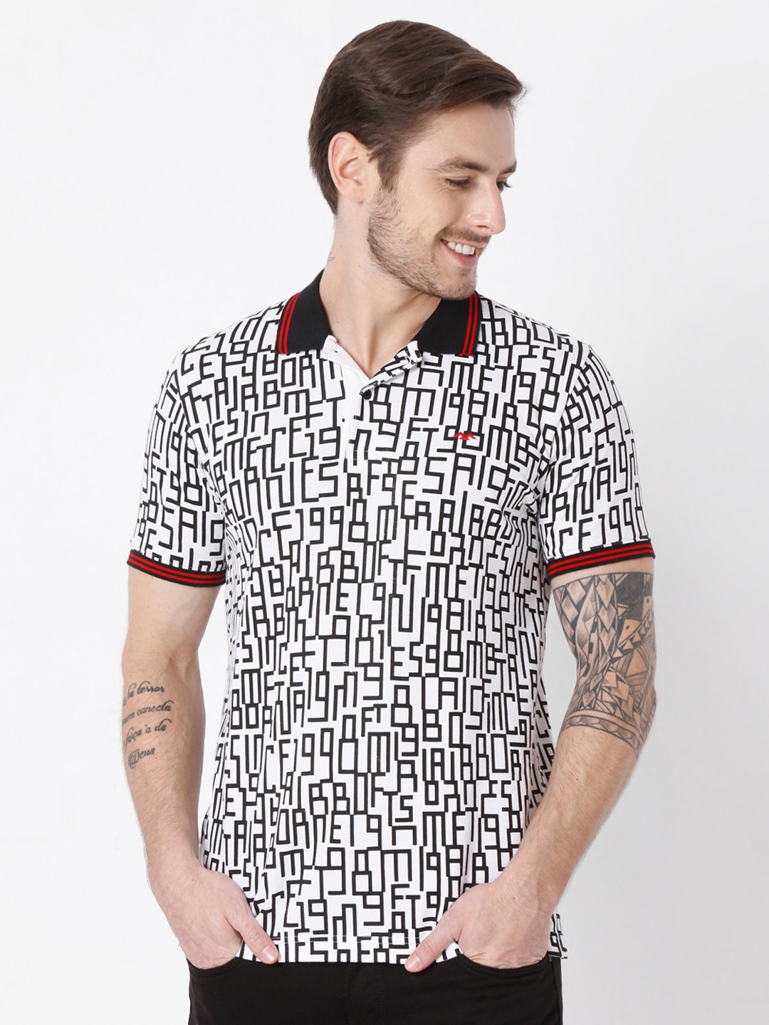 

Mufti Men White Abstract Printed Polo Collar Cotton Slim Fit T-shirt