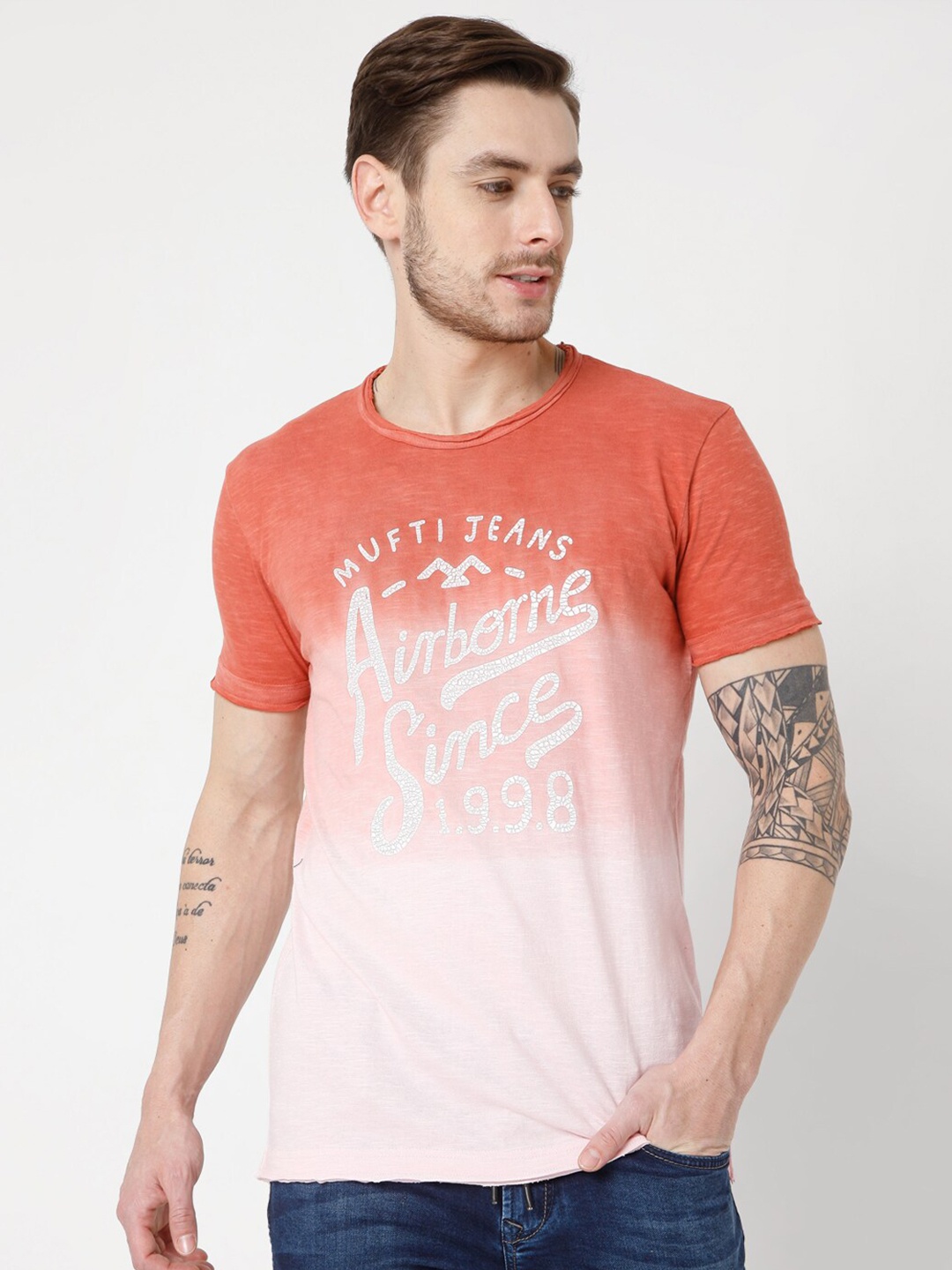 

Mufti Men Rust Orange & Peach-Coloured Typography Printed Slim Fit Cotton T-shirt