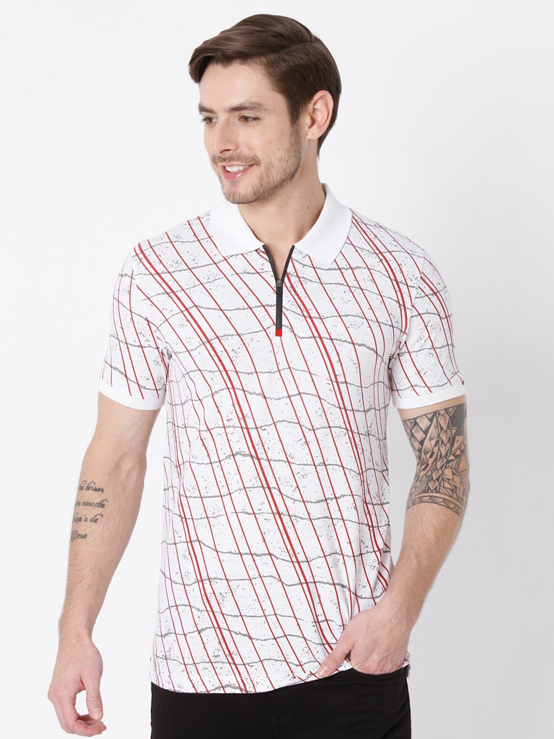 

Mufti Men White & Red Printed Polo Collar Pure Cotton T-shirt