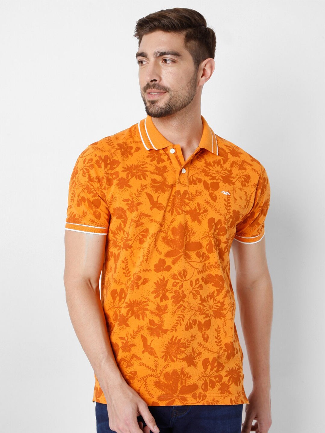

Mufti Men Orange Floral Printed Polo Collar Slim Fit Cotton T-shirt