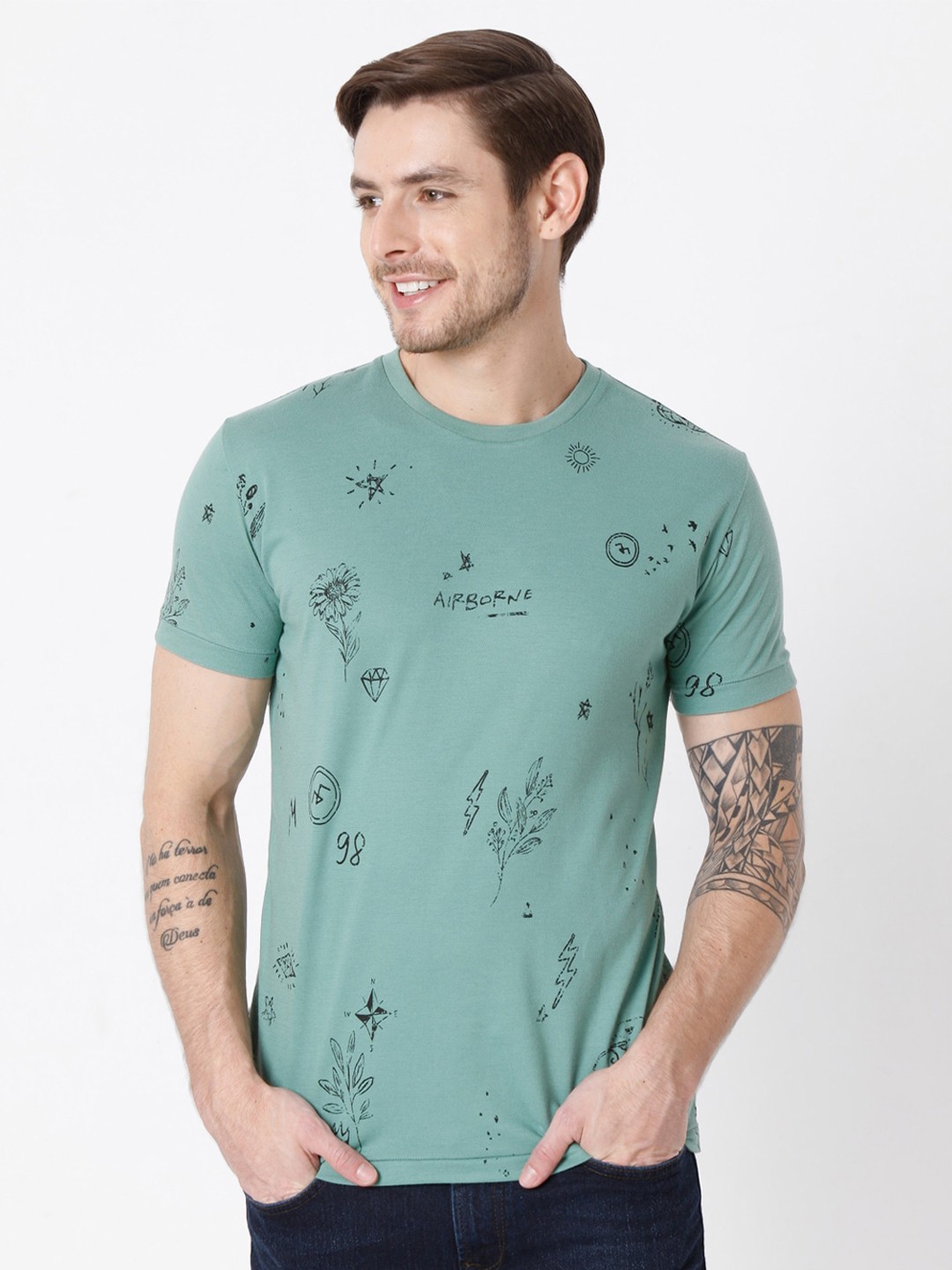 

Mufti Men Mint Green Conversational Printed Slim Fit Pure Cotton T-shirt