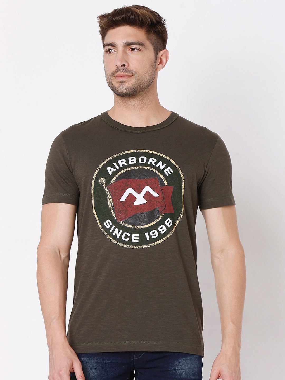 

Mufti Men Olive Green Typography Printed Cotton Slim Fit T-shirt