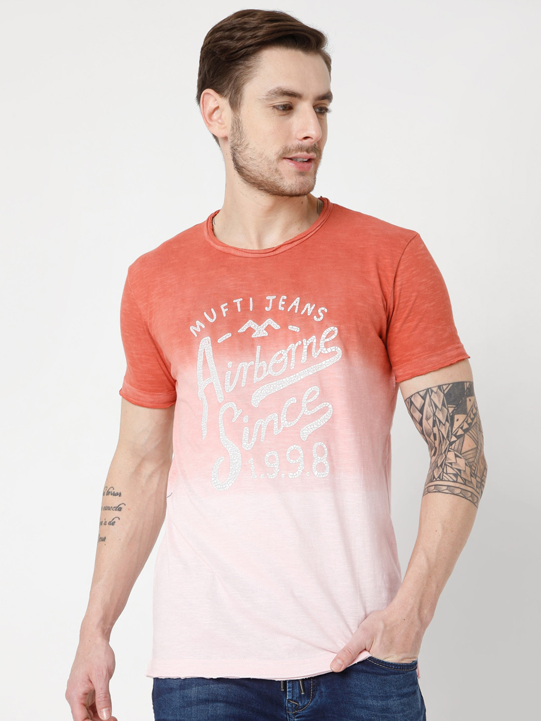 

Mufti Men Rust Typography Printed Slim Fit Cotton T-shirt