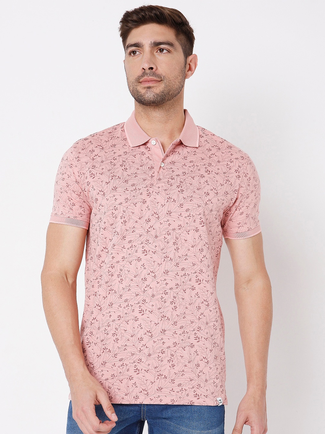 

Mufti Men Pink Floral Printed Polo Collar Slim Fit Pure Cotton T-shirt