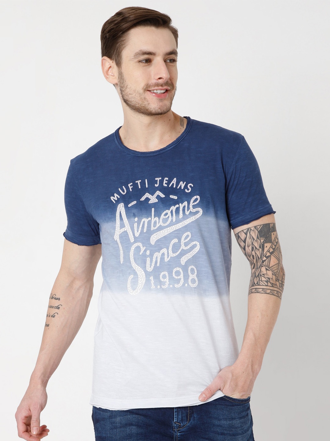 

Mufti Men Navy Blue & White Typography Printed Slim Fit Cotton T-shirt