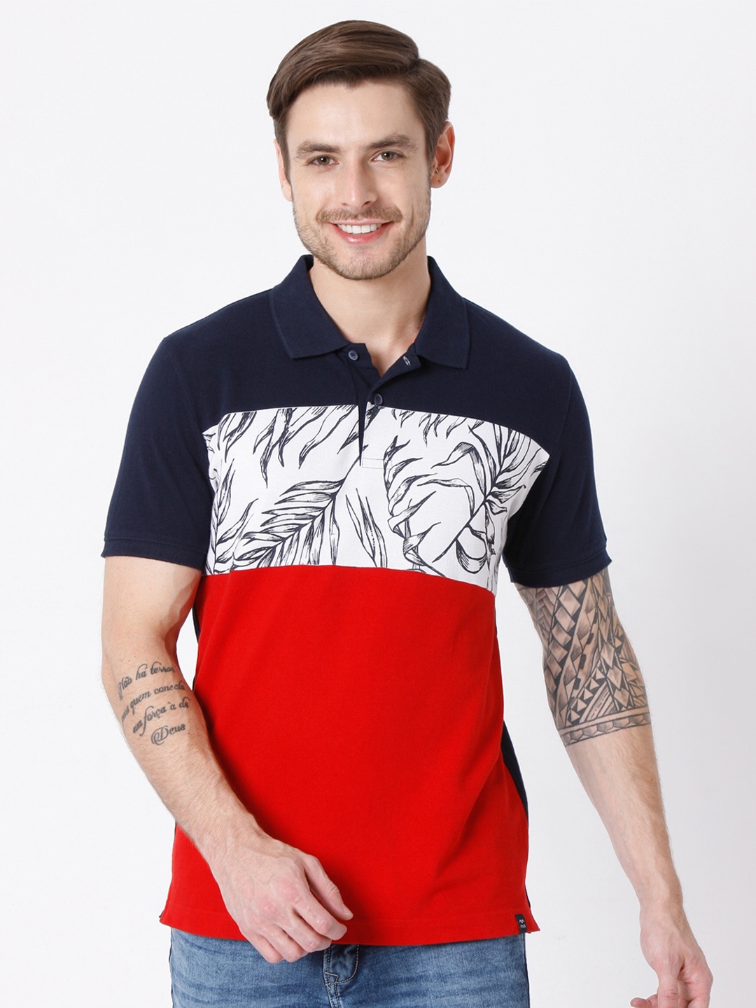 

Mufti Men Navy Blue & Red Colourblocked Polo Collar Slim Fit Pure Cotton T-shirt