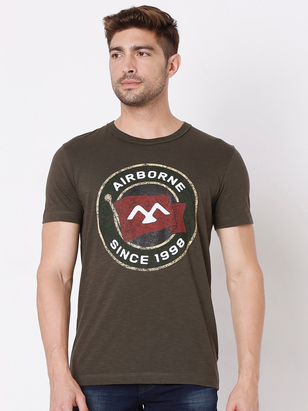 

Mufti Men Olive Green Printed Slim Fit Cotton T-shirt